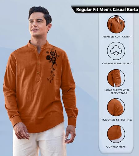 Image of Zombom Men's Cotton Polyester Blend Mandarin Collar Self One Design Printed Full Sleeve Casual Short Kurta Shirt