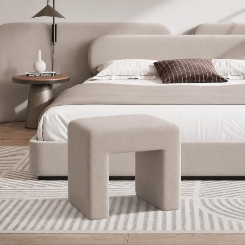 Image of Kundi Modern Boucle Vanity Stool Chair with Wooden Legs - Soft Ottoman Footstool for Makeup Room, Living Room, Entryway & Office (Cream) (Taupe)