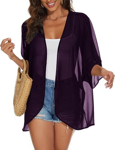 Womens Kimono Cardigans Beach Cover ups Swimwear Puff Sleeve Loose Casual Summer Tops
