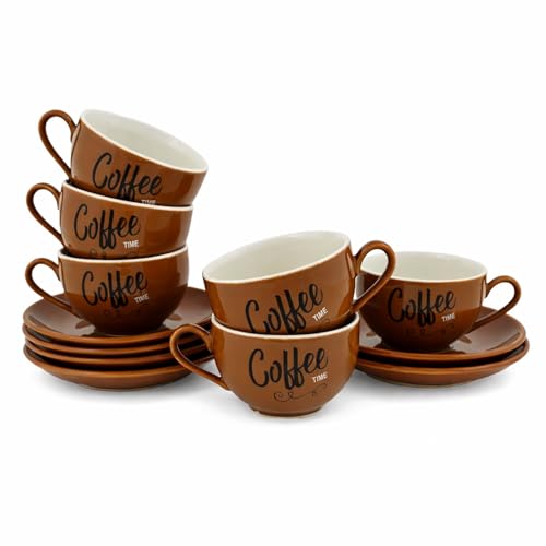 Image of Hitkari Porcelain Cup Saucer Set of 6 for Tea 220 Ml 6 Cups & 6 Saucers | 12 Piece Tea Coffee Set | Elegant Glossy Finish Teaware Microwave & Dishwasher Safe Colors CS3 - Brown