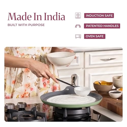 Image of Asai Ceramic Non Stick Dosa Tawa 28cm with Silicone Spatula | Green | 100% Toxin Free | Superior Swiss Ceramic Cookware | Gas & Induction Compatible | Dosa, Chilla Pan | Lab Tested | Steel Handle