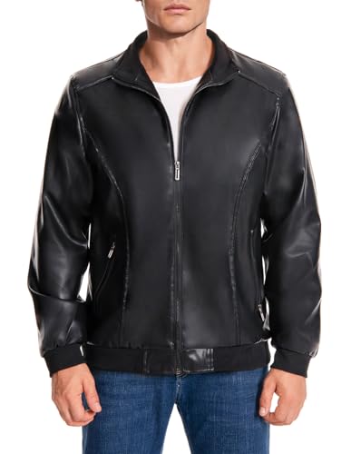 Mens Faux Leather Jacket Full-Zip Stand Collar Outerwear Lightweight Motorcycle Jacket