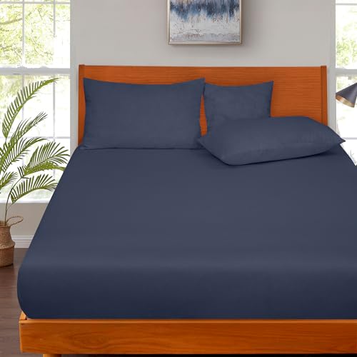 Image of ROYALE LINENS 300 Thread Count 100% Long Staple Combed Cotton Fitted Sheet Twin - Super Soft Deep Pocket Bottom Sheet - Fitted Sheets Only - Elastic Sheets (Twin, Navy)