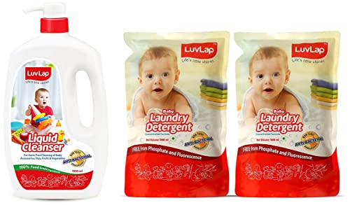 Image of LuvLap Liquid Cleanser, Anti-Bacterial, Food Grade, For Baby Bottles, Accessories and Vegetables, 1000ml & Baby Laundry Liquid Detergent, Food Grade, Refill Pack, 1000ml (Pack of 2)