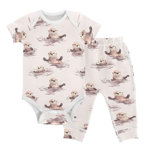 vvfelixl Unisex Short Sleeve Baby Pants Sets,Cartoon Sea Otter Baby Bodysuits Set,Babys Layette Sets Clothes for 18-24M