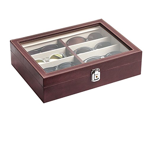 JackCubeDesign Leather 8 Compartments Eyeglass Display Organizer Eyeglasses Sunglass Storage Case Box Eyewear Tray Stand Suede Inside with Acrylic Cover(Brown, 17.4 x 6.7 x 1.97) – :MK379B