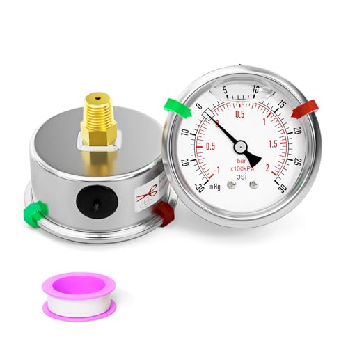 Image of -30inHG-30psi Stainless Steel Glycerin Liquid Filled Vacuum Pressure Gauge 1 /4 inch NPT 2.5 inch Face Dial Center Back Mount, for Water, Oil and Air Pressure Testing (with Range Mark Pointer)