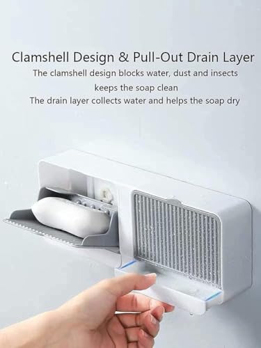 Image of RERANT Wall Mounted Soap Holder Box with Lid and Pull-Out Drain Tray, Adhesive Wall Installation Soap Case with Hook, Bathroom Bar Soap Storage Organizer Unit