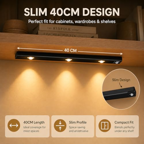 Image of One94Store 40CM Rechargeable Motion Sensor LED Light - Wireless Under Cabinet Light with 3 Color Modes, 1200mAh Battery, Dimmable Stick-On Lamp for Kitchen, Wardrobe & Bedroom (Black)