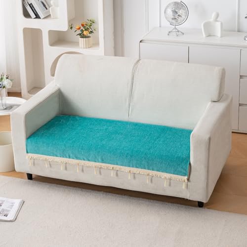 Image of HOKIPO 'Serenity Tassel' Chenille 2 Seater Sofa Cover with Tassel - Ocean Teal (IN-891-SBL)