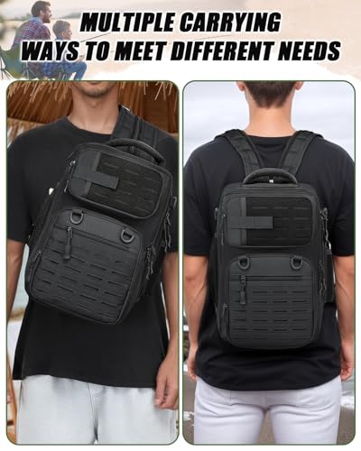 BlesMaller 2 in 1 Angelrucksack mit Rutenhalter kleine Angeltasche 25L taktische Angeln Schultertasche militär Rucksack für Angeln Wandern (23x20x37cm) Schwarz