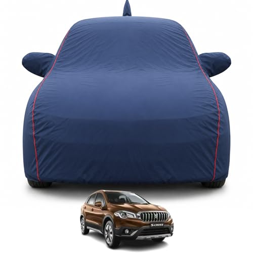 Image of Premium Car Cover for Maruti S-Cross (2017-2019) Models | 100% Waterproof, UV & Dust Protection | Mirror & Antenna Pocket | Triple Stitched, Soft Inner Lining, Belt & Buckle (Navy Blue)