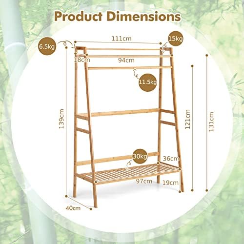 COSTWAY Bamboo Clothes Rail Stand, 4-in-1 Freestanding Coat Garment Rack with Top Shelf, 2 Hooks, Hanging Rod and Shoe Rack, Open Wardrobe Closet Clothing Hanger Storage Organiser for Bedroom Hallway