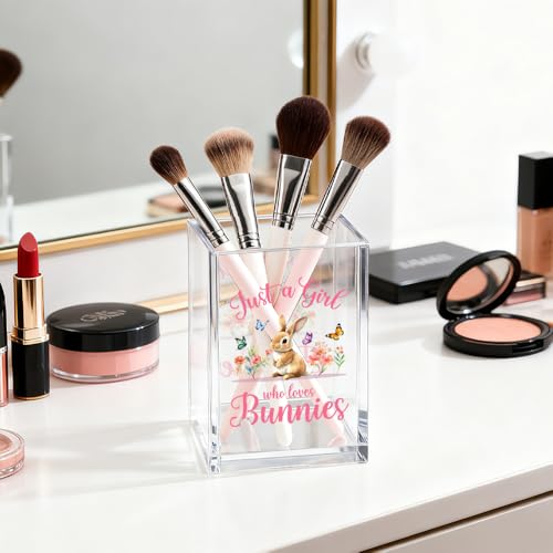 Image of Just A Girl Who Loves Bunnies Makeup Organizer Pen Holder for Desk | Bunny Makeup Organizer for Daughter Niece Sister Friend, Bunny Desk Accessories, Back to School Gift for Teacher Rabbit Lover