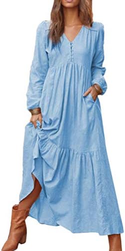 Damen Langarmkleid A-Linie – Lässiges Baumwollkleid Mit Seitentaschen, Tunnelzug-Saum, Oversize-Schnitt