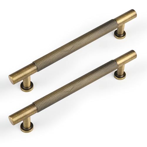 Urnew 5" Knurled Solid Brass Cabinet Pulls, Antique Brass 5-Pack
