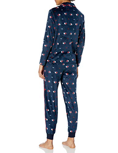 Tommy Hilfiger Women's Long Sleeve Super Soft Minky Fleece Pajama Set, Tommy Flag Heart Navy Blazer, L