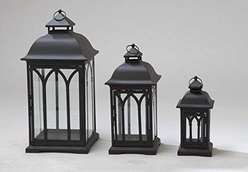 Pebble Lane Living ZD2014-GRY Lombard Indoor/Outdoor Candle Lanterns, Powder Coated Steel Frame & Tempered Glass Panes, Black, Assorted Set of 3