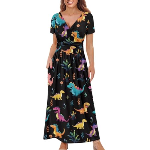 Image of Women's Fall Summer Short Sleeve Ankle Length V-Neck Party Dress with Pockets Size S-3XL