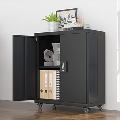 GREATMEET Metal Storage Cabinet with Locking Doors,Steel Storage Cabinet with Wheels Suit for Home Office,Metal Cabinet with 1 Adjustable Shelf for Files,Black Cover