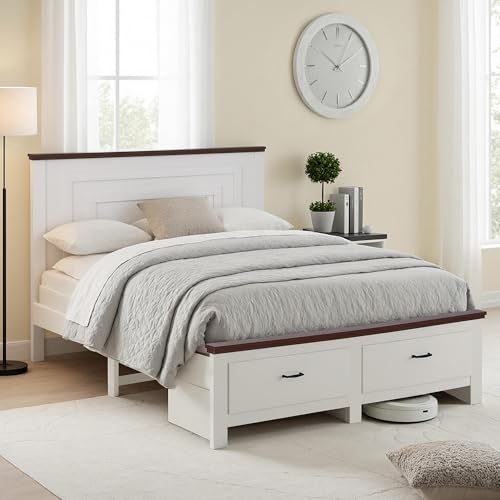 Artiss Queen Wooden Bed Frame with 2 Drawer, Platform Bed with 108cm Solid High Headboard, White Bed Base with 21cm Under Bed Storage,Bedframe for Bedroom,14 Sturdy Slats Support, Easy Assembly