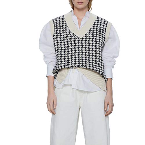 Image of WFHFNJW Women Houndstooth Pattern Knit Sweater Vest Sleeveless Loose V-Neck 90s Waistcoat Pullover Knitwear Top