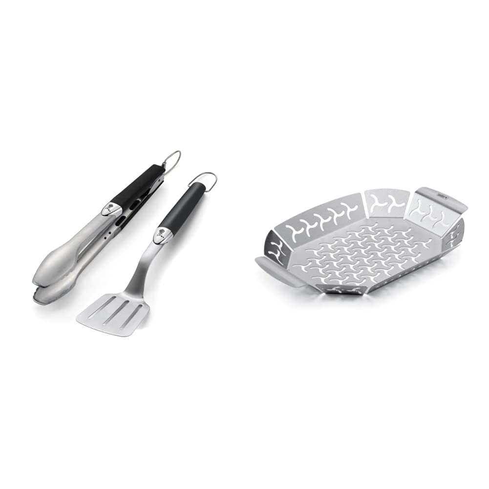 Weber 6645 Grillbesteck Kompakt 2-teilig, Zange und Wender, Edelstahl, schwarz & 6677 Premium Grillkorb 19x27 cm, Gemüsekorb