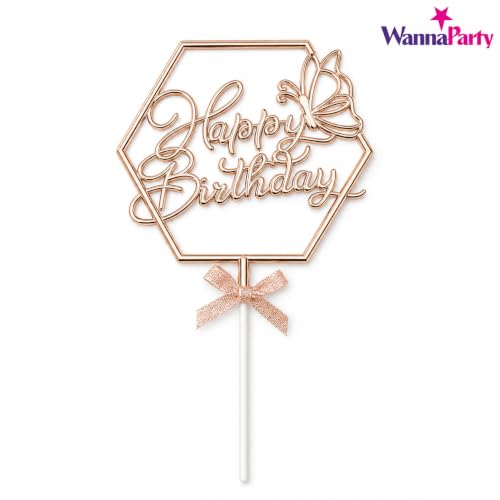 Image of Wanna Party Happy Birthday Cake Topper, Rose Gold Hexagon Frame with Butterfly & Bow, Birthday Cake Decoration Pick for Kids, Adults, Party Cakes & Dessert Table - 1PC