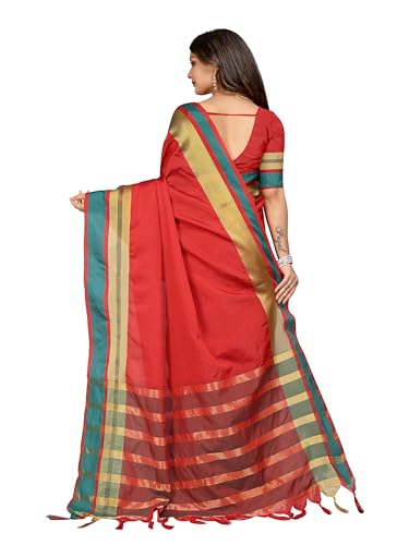 Image of Sidhidata Women's Cotton Blend Saree With Unstitched Blouse Piece (Payal Red Red Free Size)