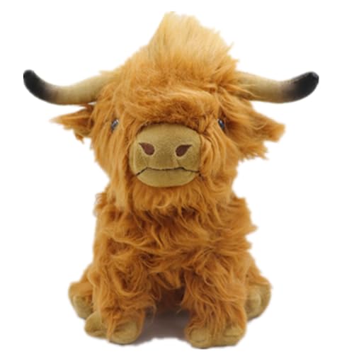 OUKEYI Highland Cow Stuffed Animals Plush Toy,Highland Bull Animal Toy,Realistic Scottish Doll,Soft Cuddly Plushies Farm Toy Gift for Kids | Boys and Girls Stuffed Doll, Brown