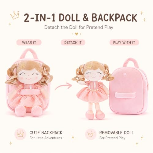 Image of Gloveleya Kids Backpack Toddler Girls Backpacks Soft Plush Girl Toys Crown Princess Pink 9 inch