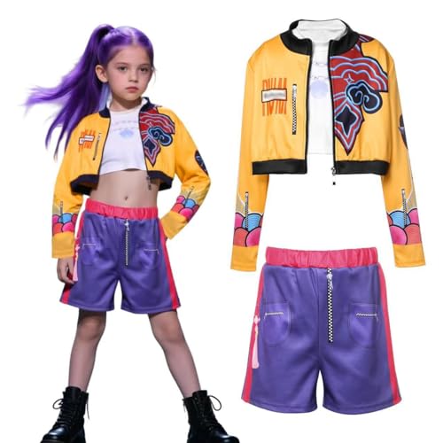 Rum Anime Costume Set, Yellow Jacket with Purple Shorts, 3-Piece Athletic Outfit for Girls