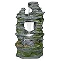Alpine Corporation WIN1648 39" Stacked Stone Rainforest Fountain with Cool White LED Lights – Cascading Waterfall Feature for Garden, Patio, and Outdoor Décor