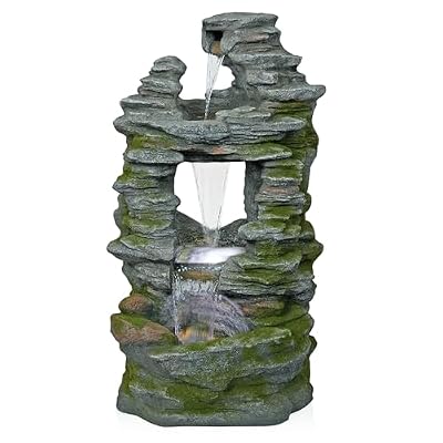 Alpine Corporation WIN1648 39" Stacked Stone Rainforest Fountain with Cool White LED Lights – Cascading Waterfall Feature for Garden, Patio, and Outdoor Décor