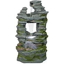 Alpine Corporation WIN1648 39" Stacked Stone Rainforest Fountain with Cool White LED Lights Cascading Waterfall Feature for Garden, Patio, and Outdoor Decor