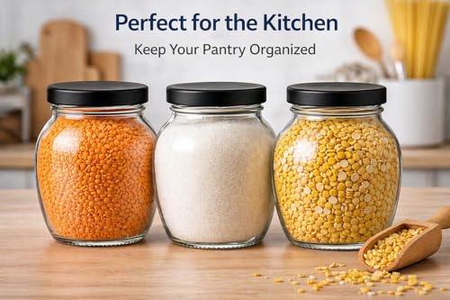 Image of Glass Kitchen Storage Jar Set of 6 (400 ml Each) with Airtight Metal Lid | Kitchen Containers for Spices, Dry Fruits, Pickle & Snacks | Clear Durable Food Grade Glass Jars