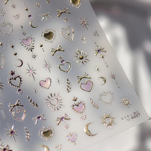 Pink Heart Nail Stickers for Nail Art 5D Gold Star