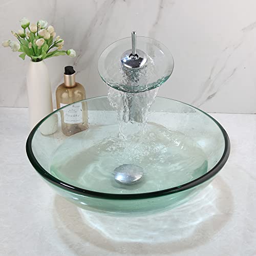 GLOBAOSALU 17" Round Clear Glass Vessel Sink Set by GLOBAOSALU - Used condition - Image 3
