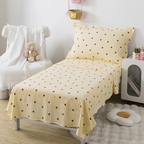 Image of Caressma Polka Dots Yellow Toddler Bedding Set 4 Pieces Kids Comforter Set | Vintage Crib Comforter Set, Includes Comforter, Fitted Sheet, Flat Sheet & Pillowsham, Polka Dots Nursery Toddler Bedding