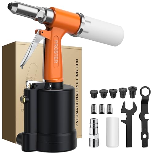 Proster Pneumatic Air Riveter for 2.4mm(3/32), 3.2mm (1/8), 4mm (5/32), 4.8mm (3/16), 6.4mm (1/4) Capacity Rivet 1780KGF Rivet Tool Pop Rivet Gun Set with 5 Types of Nozzles