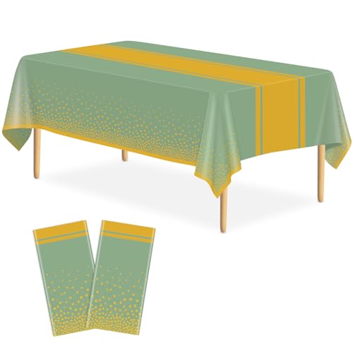 Image of 2 Pack Sage Green and Gold Tablecloth Party Decorations Plastic Sage Green Tablecloth Printed Gold Table Runner 54 x108 Inch Disposable Rectangle Table Cover for Birthday Wedding Graduation