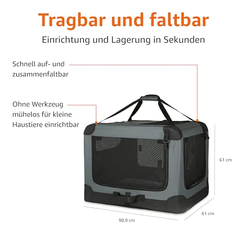 Amazon Basics Tragbarer, faltbarer Reisezwinger mit weichen Seiten und 4 Türen, Größe L, für Katzen, Hunde, Hasen und andere Kleintiere, Grau, L 91 x B 61 x H 61 cm