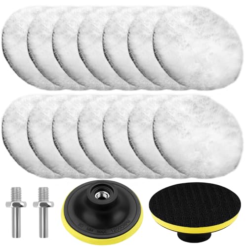 Car Polishing Pads for Drill 14 Pcs 3 Inch Wool Buffing Pads Kit with Backing Plates and M10 Drill Adapter for Car Furniture Polishing Waxing Detailing Sealing Glaze