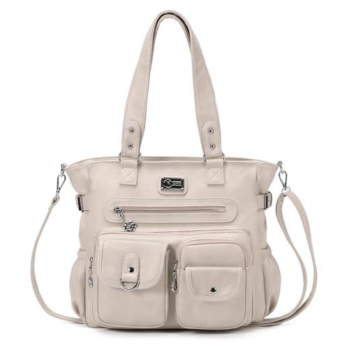 KL928 Sac à Bandoulière Pour Femmes, Hobo Sacs à Main Souple PU Cuir Multi-Poches, Cabas Femmes Avec Bandoulière et de Nombreux Compartiments, Beige Gris...