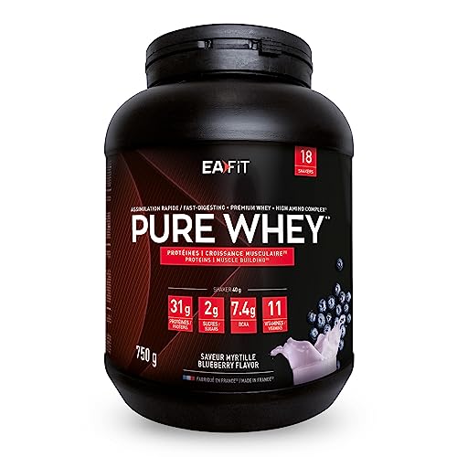 EAFIT Proteine in Polvere Whey 750 g Gusto mirtilli |31 g per Shaker Proteine | Whey Protein Concentrate e Isolate, BCAA + L-Glutammina + Taurina, Integratore per Massa Muscolare, 11 Vitamine