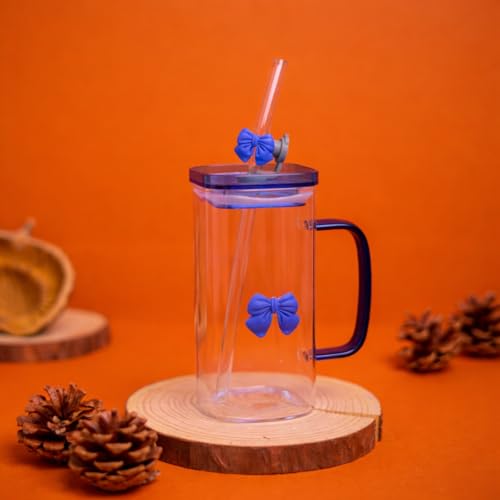 Image of FUNKYFINDS Coquette Blue Bow Glass Cup with Lid and Bow Straw, Dainty Glasses Drinking Set, 400 ml Cute Bow Glass Iced Coffee Cups, Preppy Glass Tumbler with Straw and Lid Gift (Set of 1)