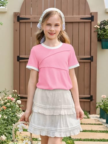 Girls Short Sleeve T Shirts Kids Fashion Pleated Color Block Tops Casual Crewneck Tees 5-14 Years2