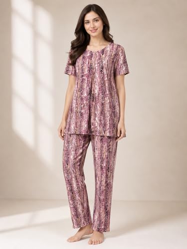 Image of KIAWAH Women Printed Night Suit Set, Cotton Blend Night Suit, A-Line Top and Pajama Set, Soft and Breathable Night Wear