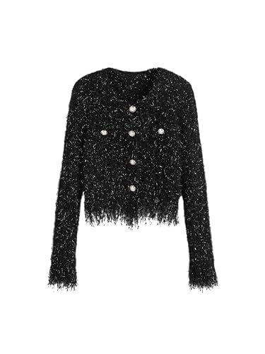 CIDER Fuzzy Round Neck Button Metallic Knitted Long Sleeve Cardigan: Black, M