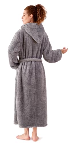 KORBLISS Robes for Women – Hooded Premium Womens Plush Soft Robe Fluffy, Warm, Fleece Sherpa Shaggy Bathrobe, Soft Warm Womens Robe with Pockets and Belt, Light Grey, Medium — view 4
